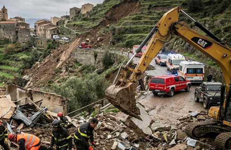 Territorio colpito da frana con soccorritori all'opera