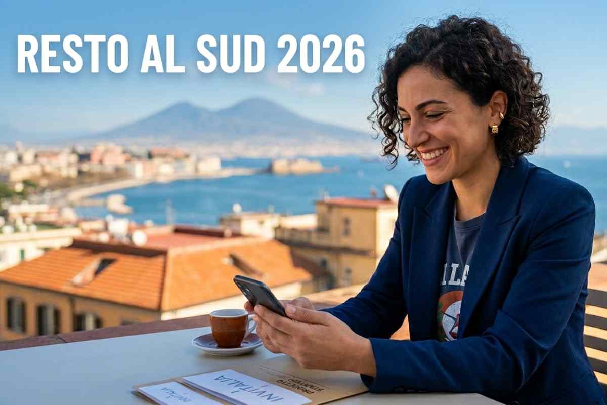 Donna sorridente consulta lo smartphone col Vesuvio ed il mare di Napoli sullo sfondo