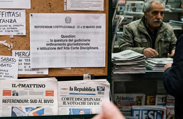 Un'edicola con giornali in vendita e messaggi esposti