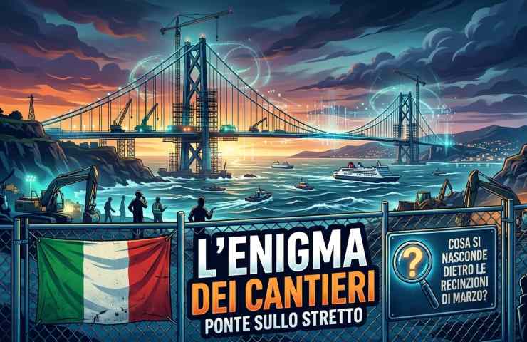 Immagine misteriosa sui cantieri del Ponte sullo Stretto: recinzioni, operai al tramonto e l'enigma di marzo.