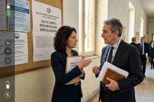 Due funzionari del tribunale che discutono in un corridoio davanti ad una bacheca con messaggi esposti