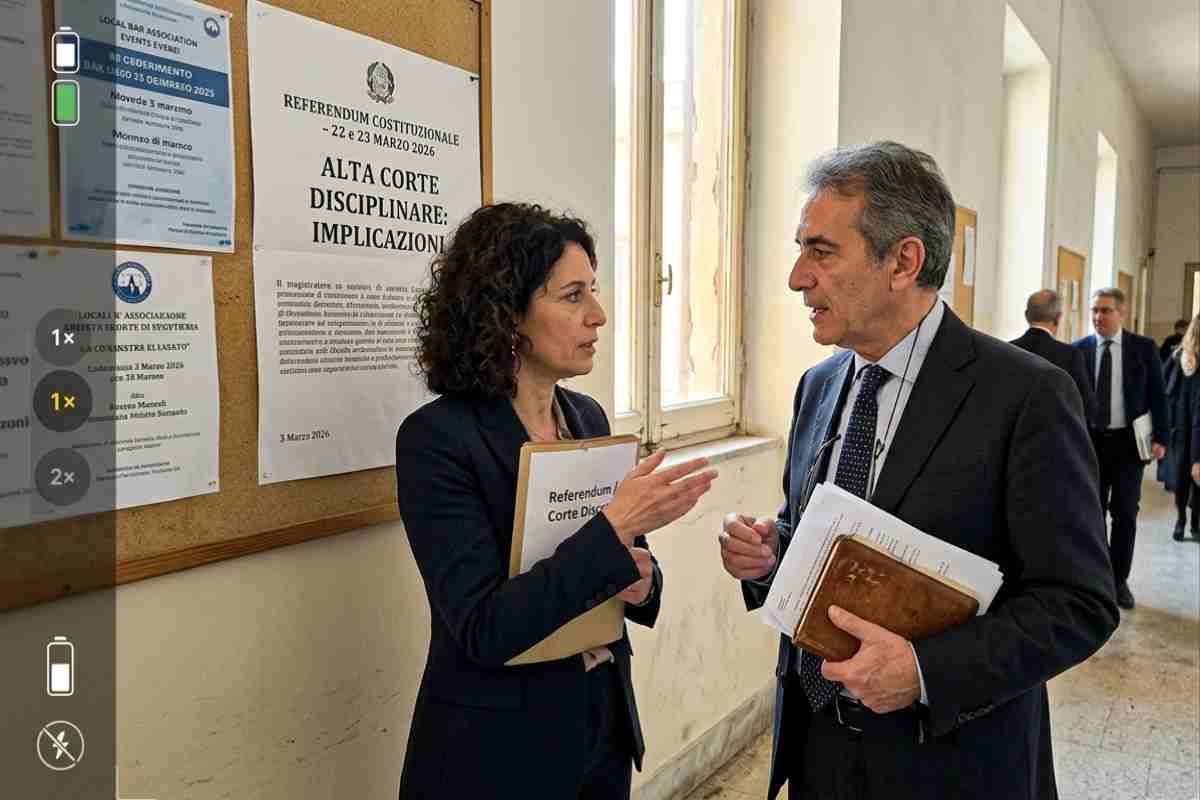 Due funzionari del tribunale che discutono in un corridoio davanti ad una bacheca con messaggi esposti