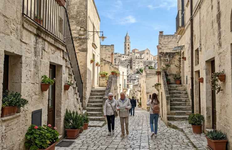 Viaggiatori che consultano una mappa tra i vicoli dei Sassi di Matera in Basilicata, meta del turismo segreto nel Sud Italia per la primavera 2026.
