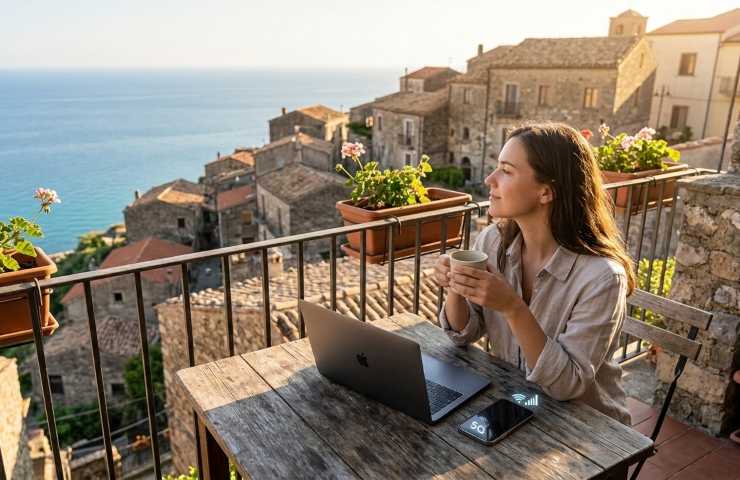 Donna in smart working su un balcone nel Cilento con laptop, caffè e vista panoramica su un borgo antico e sul Mar Tirreno, Sud Italia 2026.