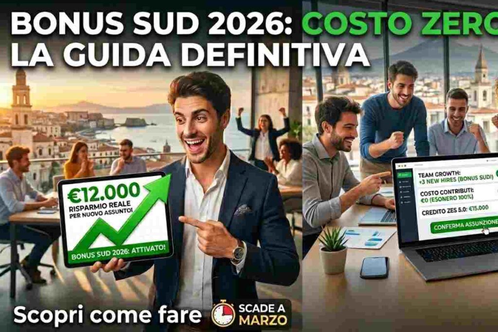 Un collage grafico per il Bonus Sud 2026 che mostra un imprenditore entusiasta con un tablet indicante un risparmio di €12.000 e un team in ufficio che conferma un'assunzione a costo zero, con la scritta "Scade a Marzo" e un pulsante "Vai all'articolo".