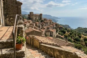 Scorcio panoramico del borgo medievale di Calopezzati, in Calabria, con scale in pietra che scendono verso il mare Ionio e il castello sullo sfondo.