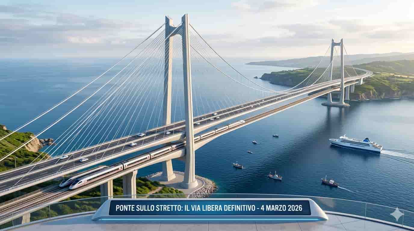 Rendering fotorealistico del Ponte sullo Stretto di Messina completato, illuminato dall'alba del 4 marzo 2026, che collega Sicilia e Calabria.