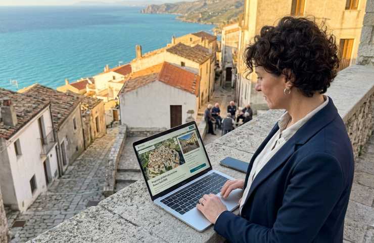 Donna che lavora al pc all'aperto in un borgo del Sud con vista mare