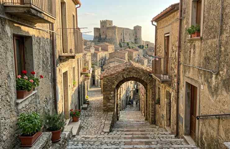 Un suggestivo vicolo acciottolato nel centro storico di Calopezzati, Calabria, con un antico arco in pietra che incornicia la vista del castello e del mare.