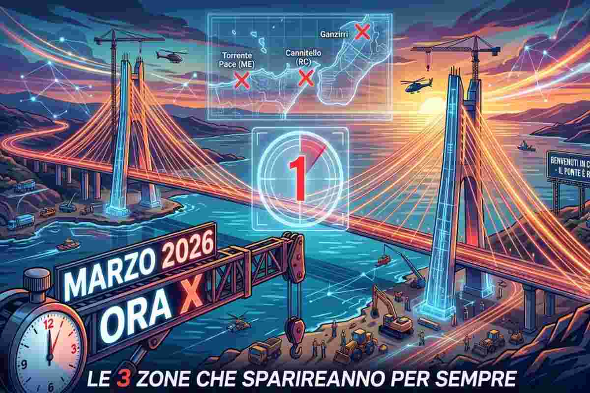 Infografica shock sul Ponte sullo Stretto marzo 2026: cantieri attivi, mappa delle zone coinvolte e countdown ora X.