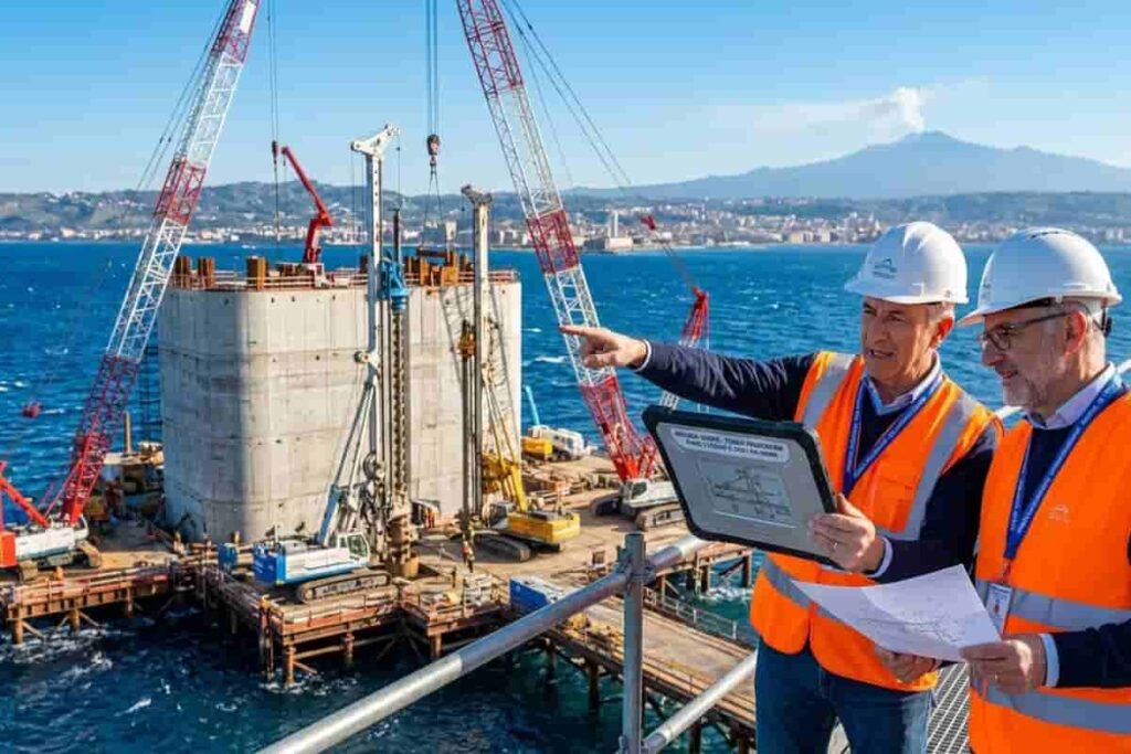 Ingegneri al lavoro nel cantiere del Ponte sullo Stretto il 4 marzo 2026, con tablet che mostra il via libera definitivo al progetto.