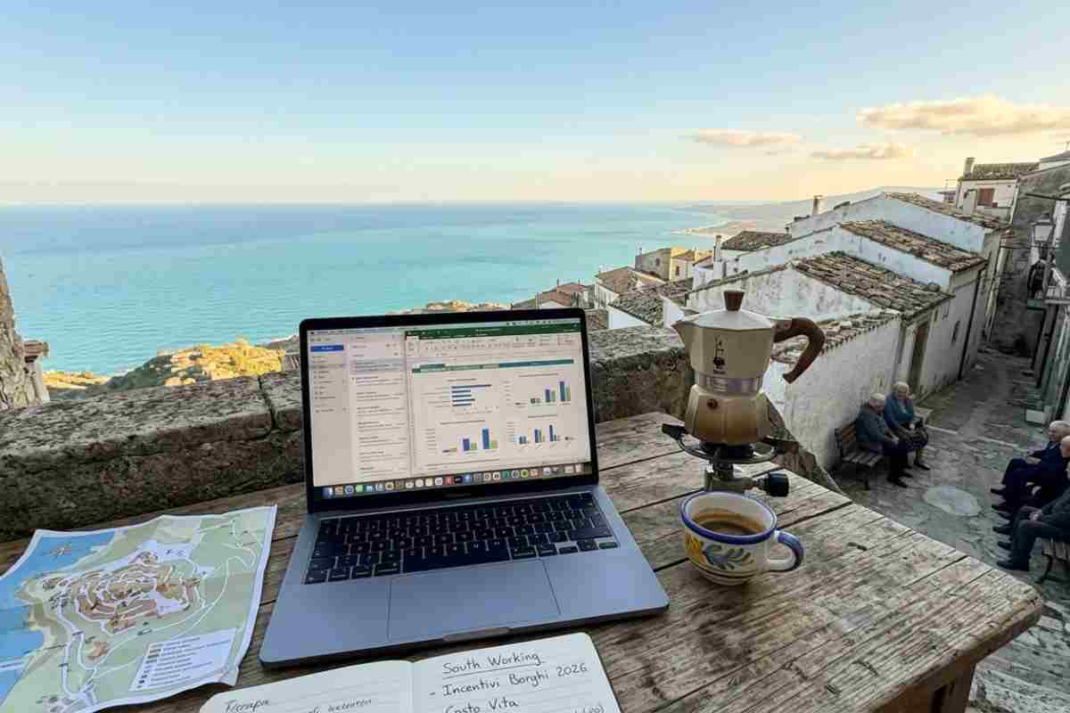 Pc acceso con tazza di caffè e moka in un borgo del Sud con vista mare