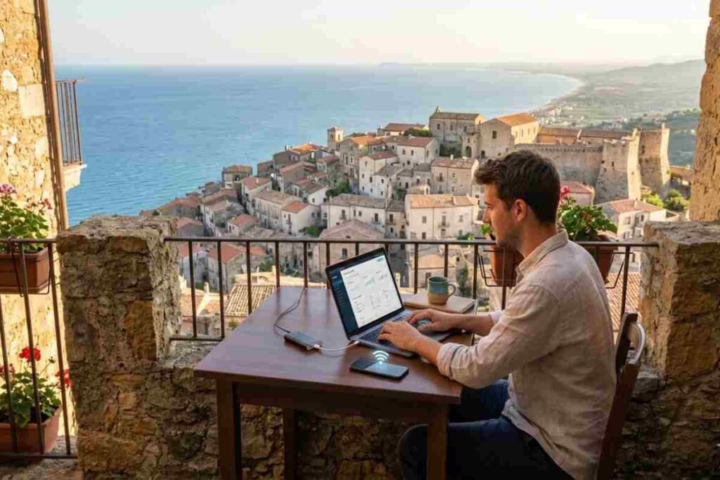Giovane professionista in smart working su un balcone in pietra nel Cilento, con laptop e vista panoramica su un borgo medievale e sul Mar Tirreno, Sud Italia.